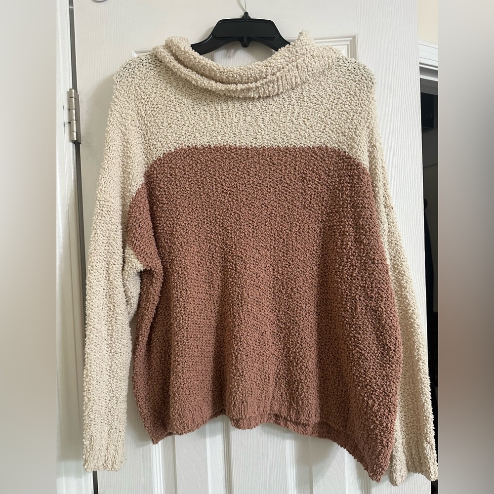 Listicle Two-Tone Cowl Neck Sweater - Cream and Brown